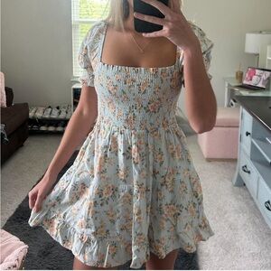 American Eagle Smocked Picnic Dress S Cottagecore Fairy Floral Linen Romantic